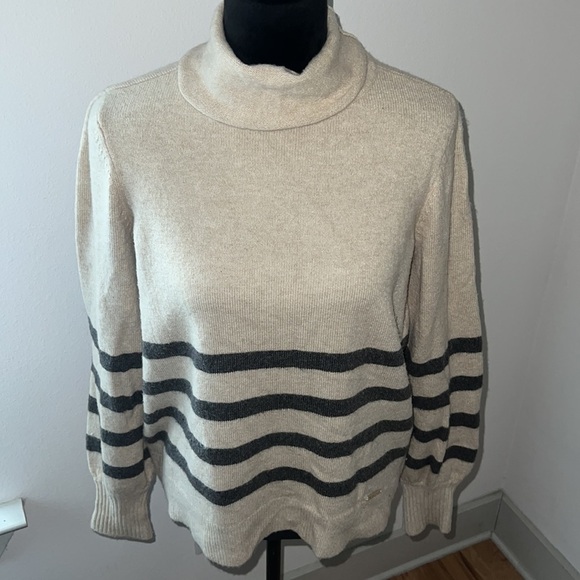 MICHAEL Michael Kors tan gray stripes turtle neck wool alpaca blend sweater M - Picture 1 of 10